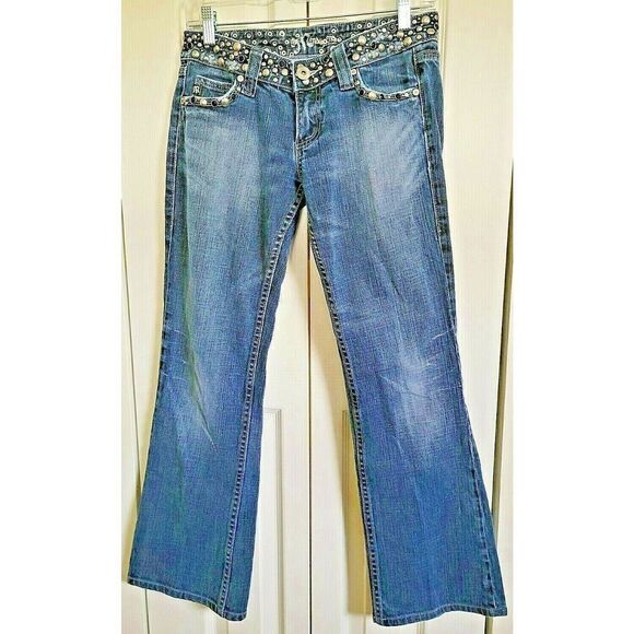 Miss Me Size 27 Mid Rise Anchorage Jeans Boot Cut Studded Biker Jeans Pants - Picture 2 of 12